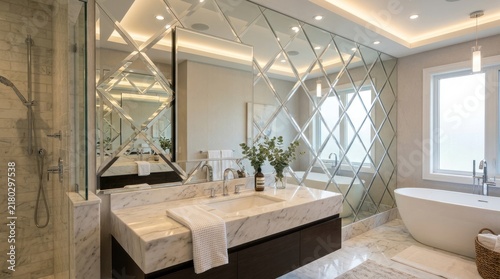 Luxurious Modern Bathroom Interior Design with Ornate Mirror Wall.