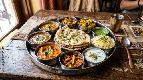 Traditional Indian Thali Platter with Assorted Curries and Naan Bread.
