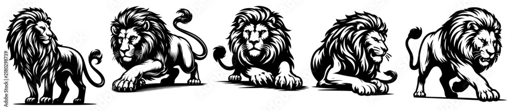 Fototapeta premium Lion collection in various powerful poses for logos and mascots in bold black and white vector style