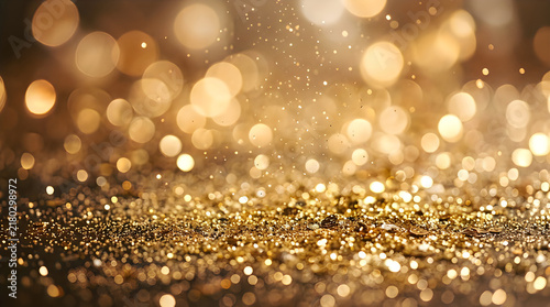 Golden glitter particles with bokeh lights creating a sparkling and festive atmosphere