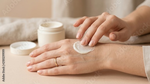 Woman applying moisturizing cream on her hands.