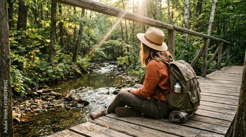 Woman sitting on a wooden bridge in the forest enjoying nature.