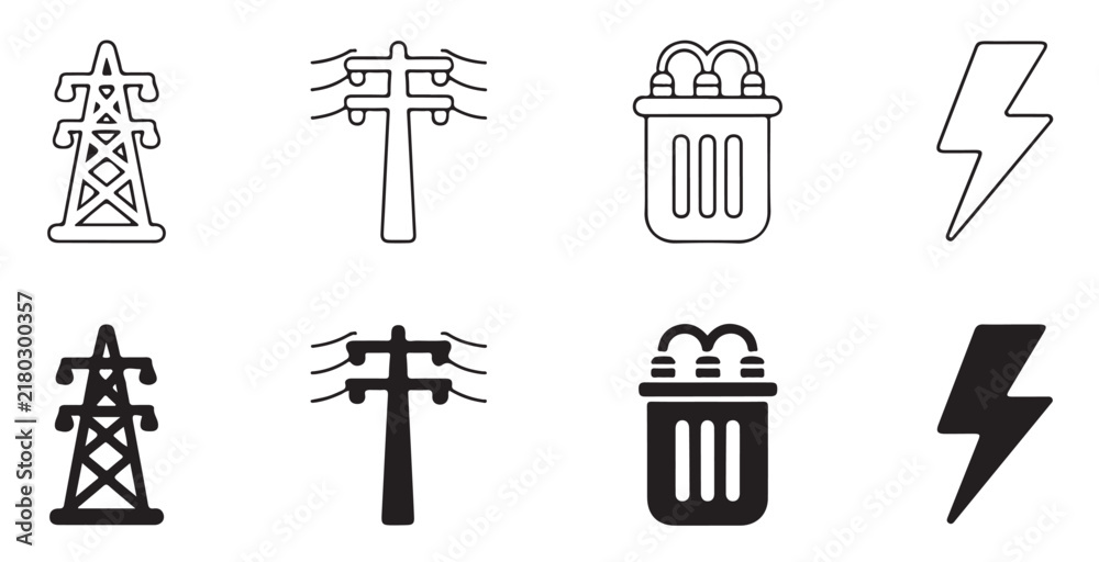 Fototapeta premium High voltage overhead power line transmission pylons electric pole transformer and lightning icons.