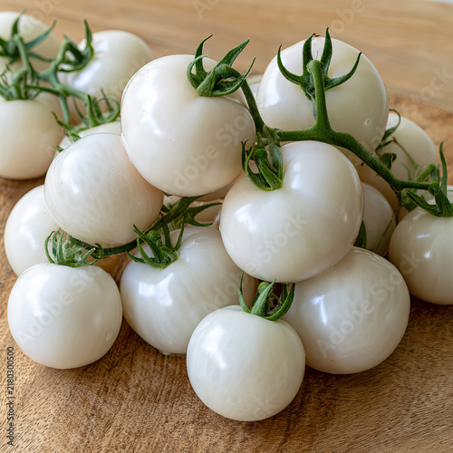 Cluster of rare white tomatoes on rustic wooden surface