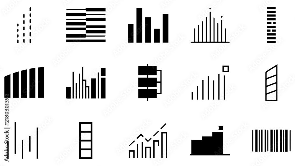 Obraz premium Set of black and white bar chart icons and data visualization symbols for business presentation