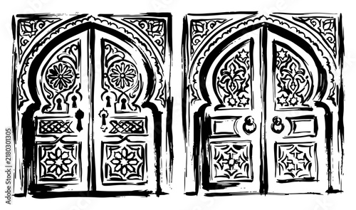 Fototapeta kuchenna Ornate arched doors with traditional intricate geometric patterns in ink sketch style