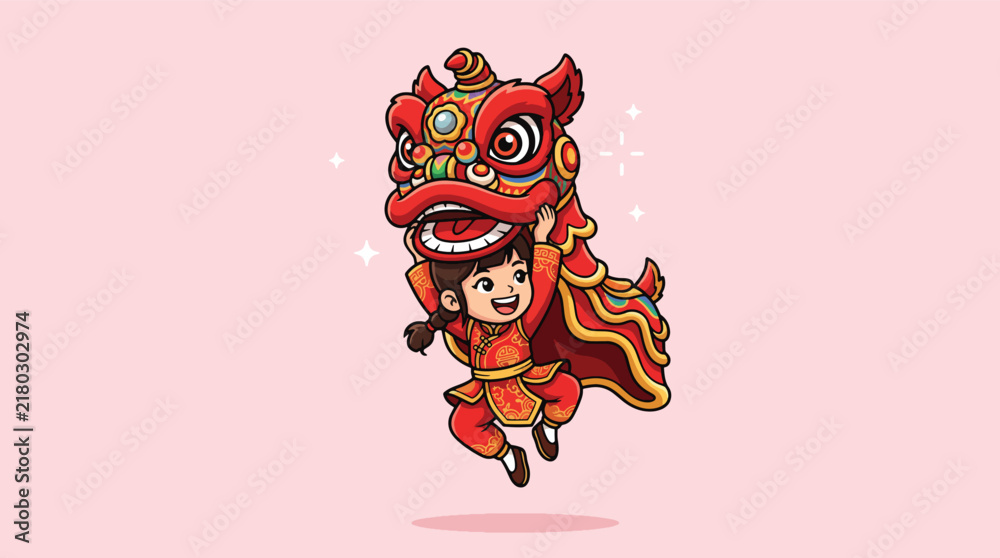 Fototapeta premium Cute cartoon child performing a traditional Chinese lion dance for Lunar New Year celebration.