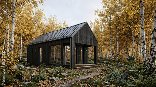 A modern, dark-wood cabin nestled amidst a vibrant autumnal forest with striking birch trees, exuding a sense of serene solitude and rustic charm.