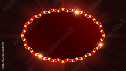 Retro Marquee Light Frame with Glowing Bulbs, Vintage Theater Sign Border and Empty Red Banner Background for Advertising Design