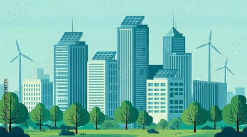 Eco-friendly green city with renewable energy, solar panels, and wind turbines in flat vector style