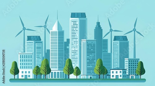 Eco-friendly cityscape with renewable energy sources and sustainable urban development