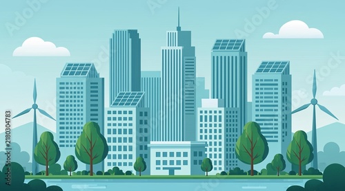 Sustainable green city featuring eco-friendly architecture and renewable energy sources