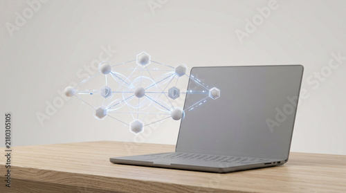 A sleek, modern laptop displays a glowing neural network visualization, symbolizing artificial intelligence and advanced technology.