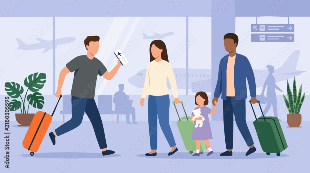 Obraz premium Families and individuals with luggage and boarding pass at modern airport