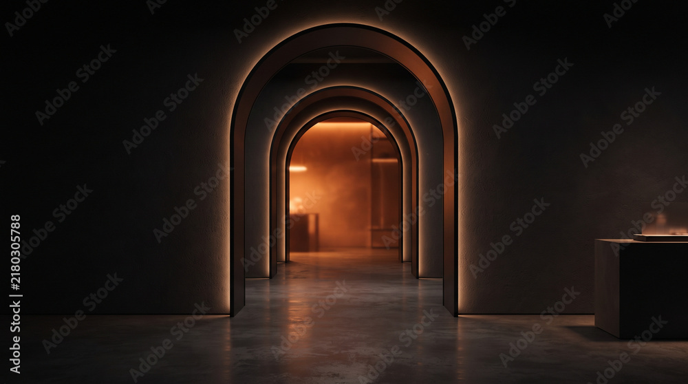Fototapeta premium Modern luxury hotel corridor with arched doorways and warm ambient lighting in a dark interior space