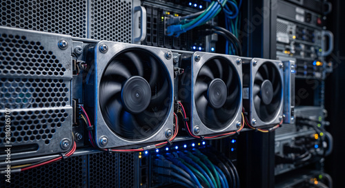Obraz na płótnie Server cooling fans in a data center rack, high performance computing hardware equipment.
