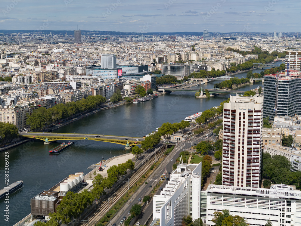 Fototapeta premium Paris urban skyline with multiple bridges crossing the winding Seine River