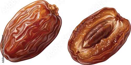 Whole and sliced date fruit illustration showing wrinkled brown skin, sweet flesh, and elongated seed for healthy food design