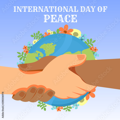 Картината върху платно This image is a meaningful representation of the INTERNATIONAL DAY OF PEACE, powerful gesture is layered over a globe filled with a vibrant wreath of blooming flowers, representing a peaceful
