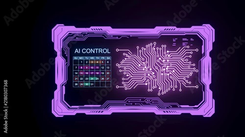 A digital interface shows the words AI control along with a calendar and circuit patterns. The background is dark, emphasizing the bright colors of the display.