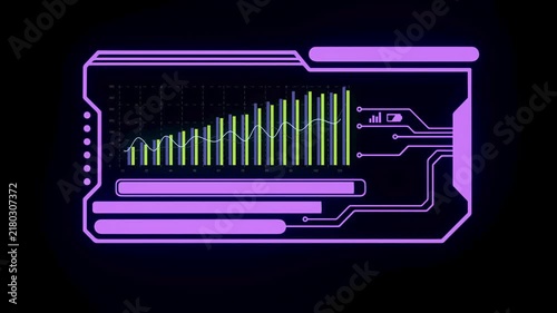 A digital display shows a line graph with increasing trends and bar charts in bright colors. Data points are highlighted against a dark background. This is common in tech environments.