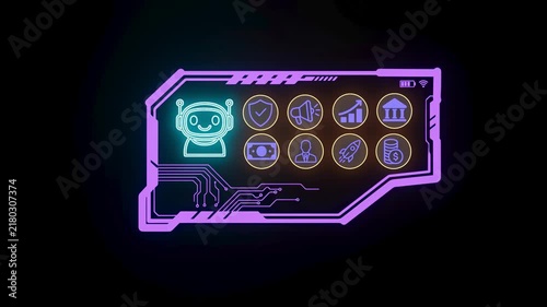 A digital interface displays a cartoon robot alongside icons representing security, sound, finance, and information. The colors are vibrant against a dark background.