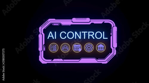 A digital display shows various icons related to AI control. It features graphs, settings, and organizational tools in a colorful format. The setting appears futuristic and tech-focused.