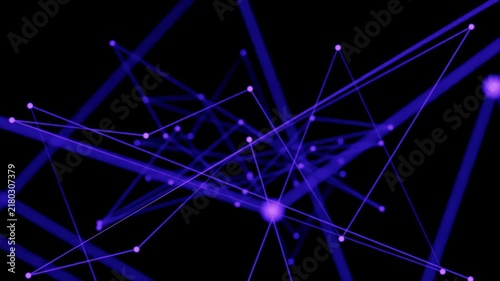 Bright purple lines and dots form a web-like structure against a dark background. The scene captures the effect of digital connections and movement.