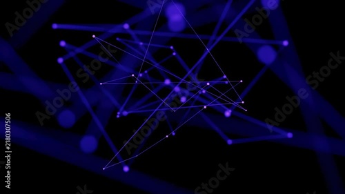 A visual display features numerous lines and dots interconnected in blue tones against a dark background. The setup represents digital connections and technology.