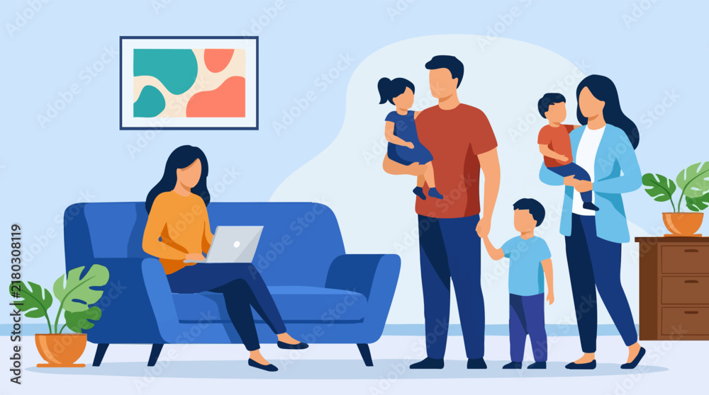 Obraz premium Family at home, mother working remotely on laptop, father with children