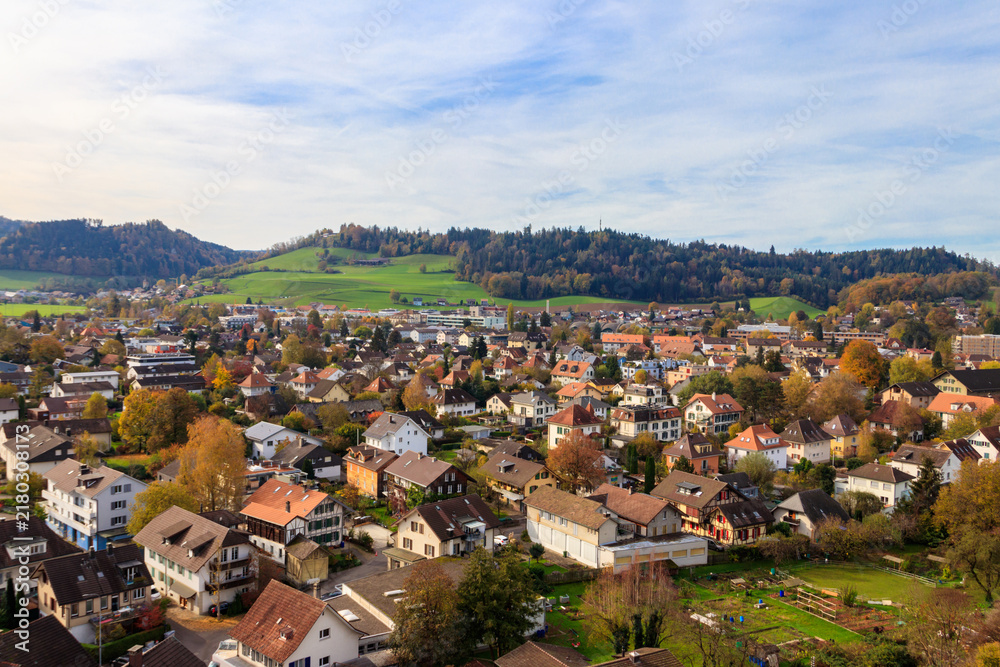 Fototapeta premium Aerial autumn view of Burgdorf town in Bern canton, Switzerland
