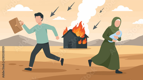 фотографія Family refugees fleeing their burning home in a war-torn desert landscape