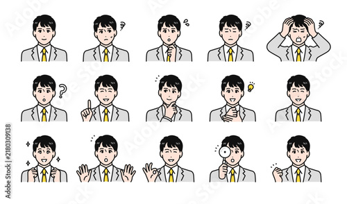Naklejka ブレザーを着た男子高校生のシンプルな表情アイコンイラストセット素材