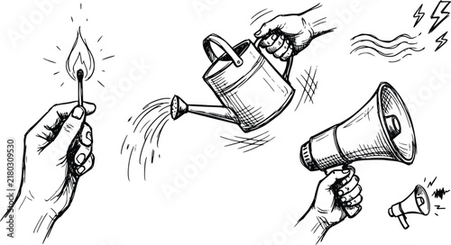Hand drawn collection of vector doodle icons featuring a burning match, metal watering can, and loud vintage plastic megaphone