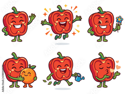 Картината върху платно Cute Red Bell Pepper Character Collection Featuring Happy Cartoon Vegetables wit