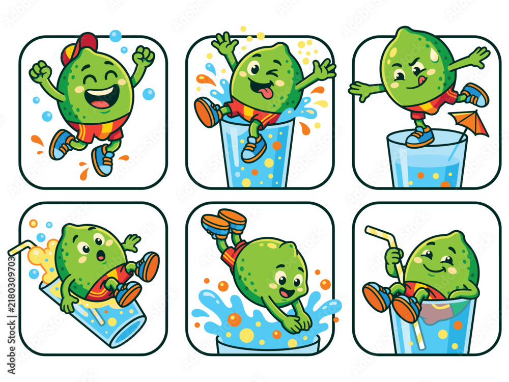 Fototapeta premium Cute Cartoon Lime Fruit Character Collection Featuring Various Happy Poses and Refreshing Summer Activities in Water Glasses