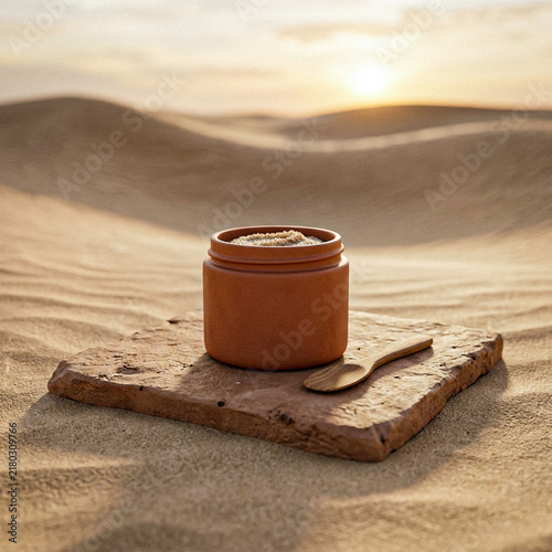 Natural body scrub jar on a rough stone slab, accompanied by a wooden spoon, set amidst a vast sandy desert landscape at sunset, highlighting organic skincare and wellness