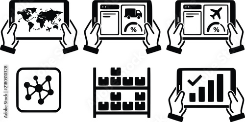 Logistics icons set featuring tablet devices with global shipping tracking maps cargo delivery symbols and warehouse inventory management chart graphics