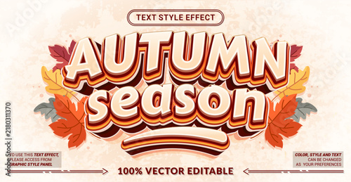 Autumn Season 3D editable text effect vector template with fall leaves background for seasonal sale banners, posters, Thanksgiving, and festival graphics. Fully customizable graphic style.