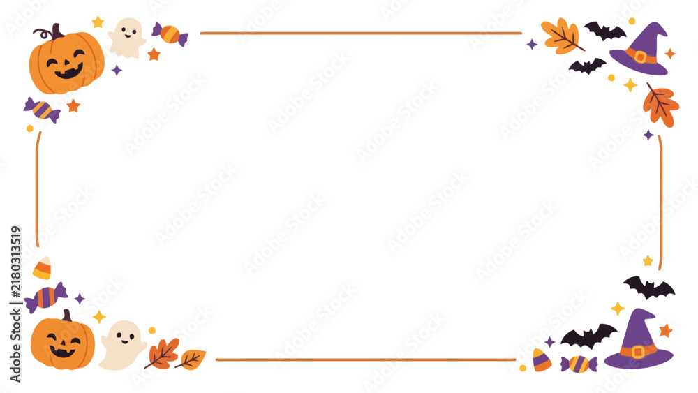 Fototapeta premium Cute Halloween Border with Pumpkins Ghosts and Witch Hats