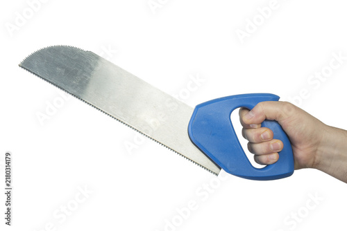 Bild auf Leinwand A hand grips the blue handle of a metal hand saw.