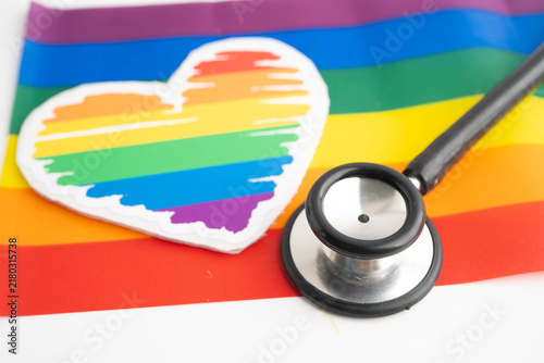 Fotografie Stethoscope on LGBT rainbow flag, rights and gender equality.