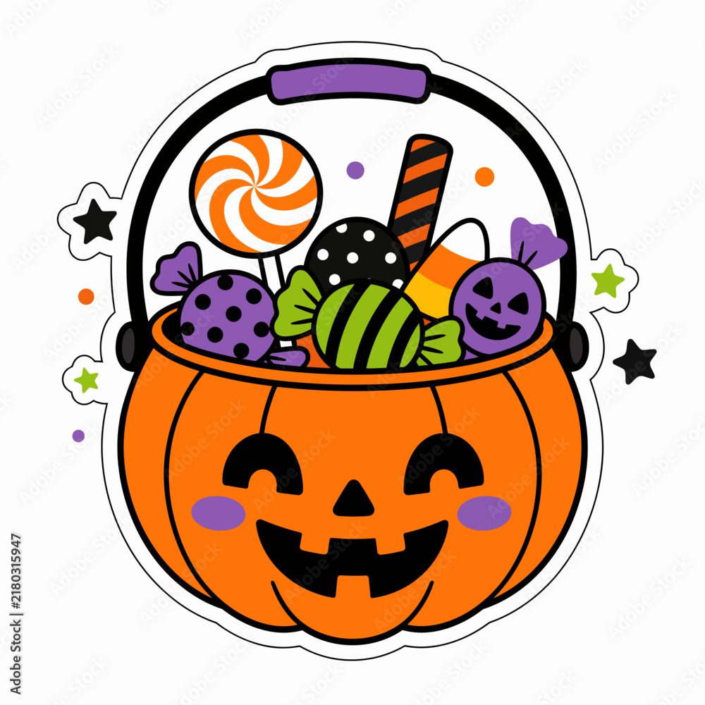 Fototapeta premium A cartoon illustration depicts a smiling orange jack-o-lantern bucket filled with colorful.