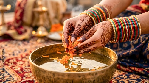 Indian Woman with Mehndi and Bangles Offering Marigold Flowers in Brass Bowl