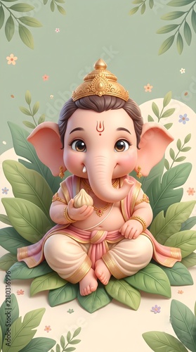 Cute Baby Ganesha Illustration with Modak, Adorable Hindu Elephant God Sitting Among Green Leaves and Pastel Flowers