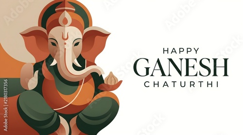 Happy Ganesh Chaturthi greeting card with minimalist Lord Ganesha illustration in earthy tones and geometric shapes