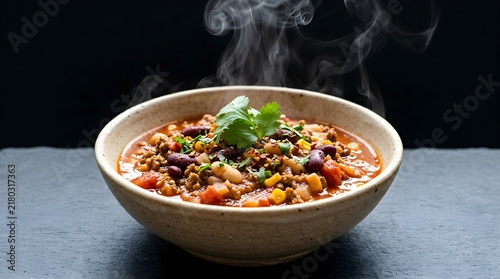 Steaming bowl of spicy chili con carne with beans and cilantro on a dark rustic table
