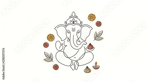 Minimalist Line Art Illustration of Lord Ganesha with Floral Accents, Modak, and Diya on White Background