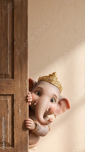 Playful Cartoon Ganesha Peeking Out from Behind a Rustic Wooden Door