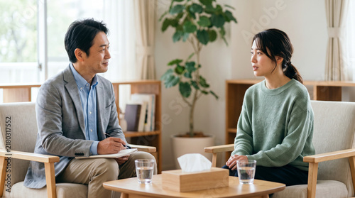 Plakat 明るい部屋で女性の悩みを親身に聞き取る男性カウンセラー